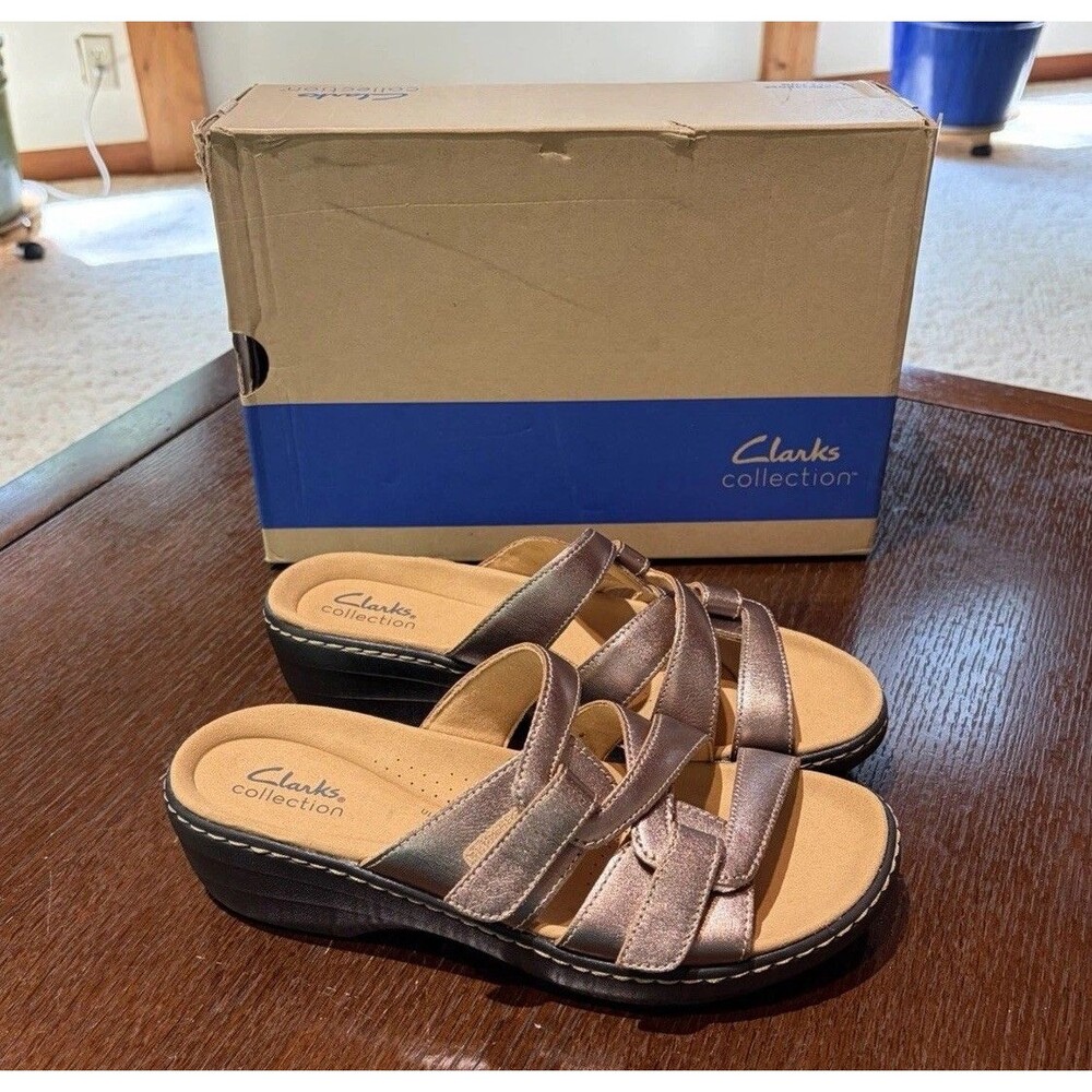 Clarks Collection Women's Merliah Karli Wedge Sandal Metallic Leather Size 8 New